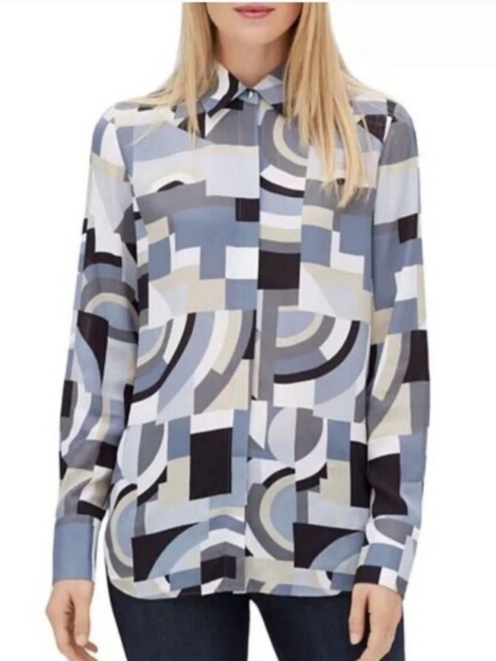 Lafayette 148 New York Scottie Geo-Print Blouse size M